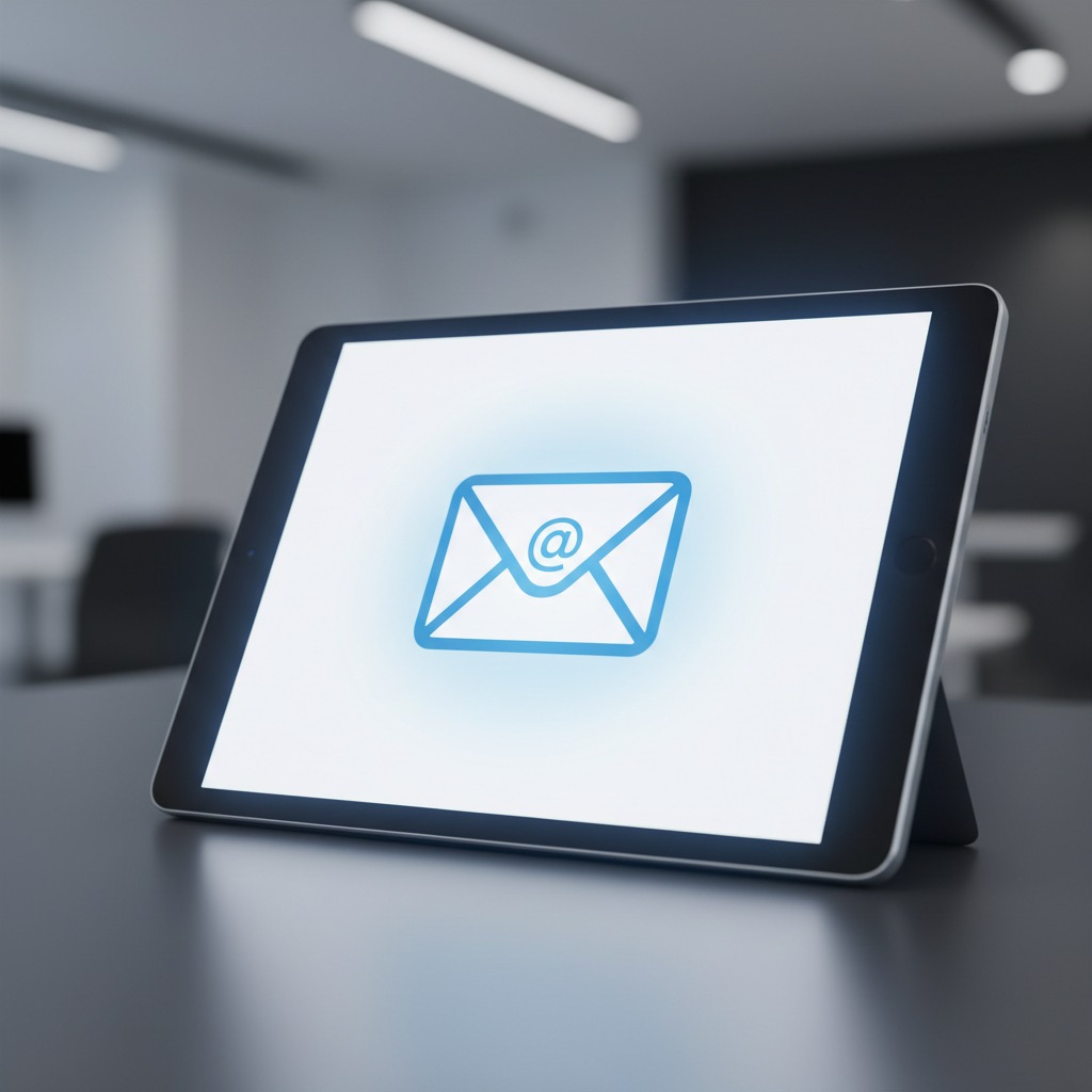 A tablet resting on a desk displays a blue email icon with an at sign on its screen.