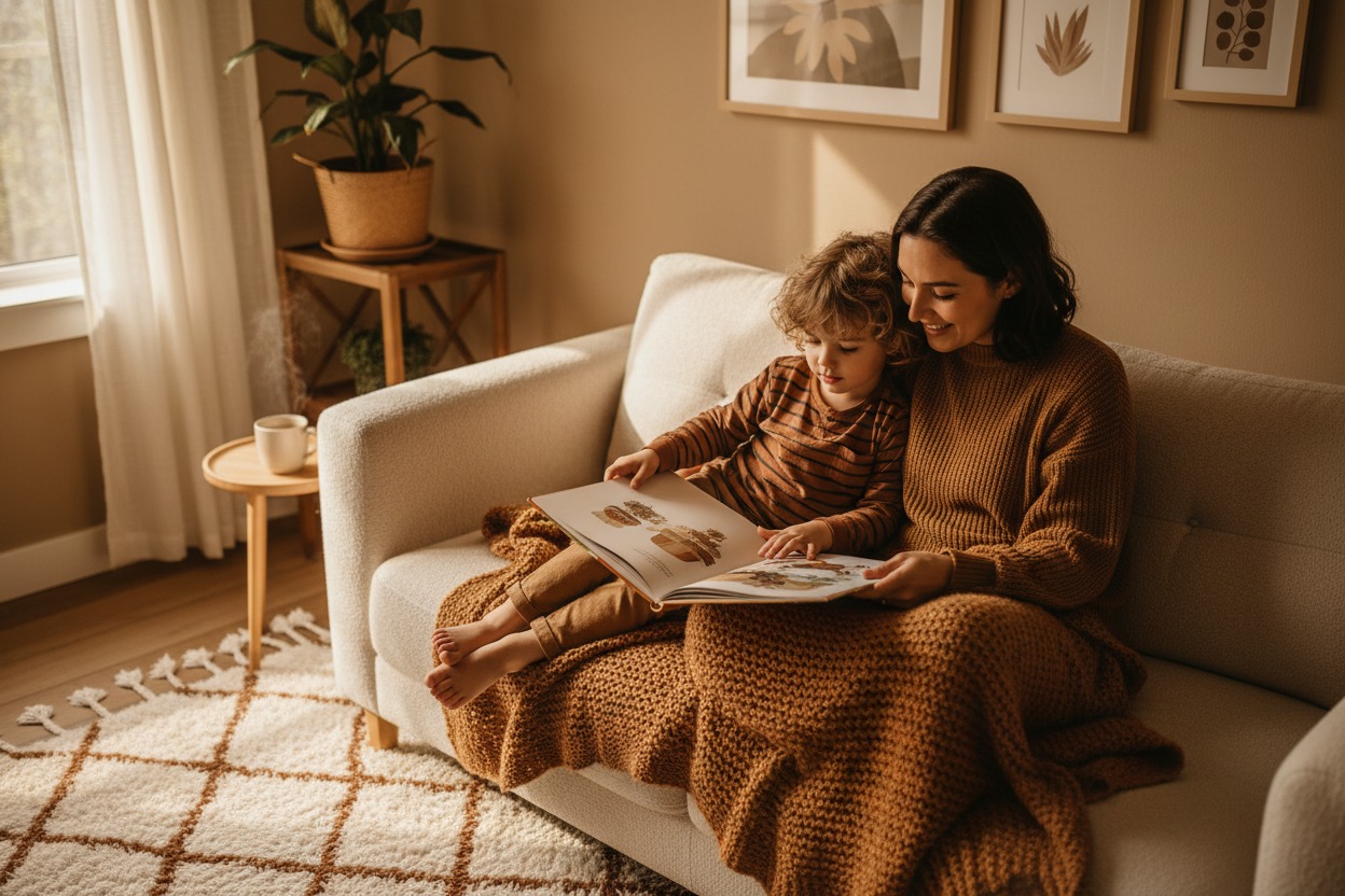 A mother and her young child sit on a cream-colored sofa together, reading a book.
